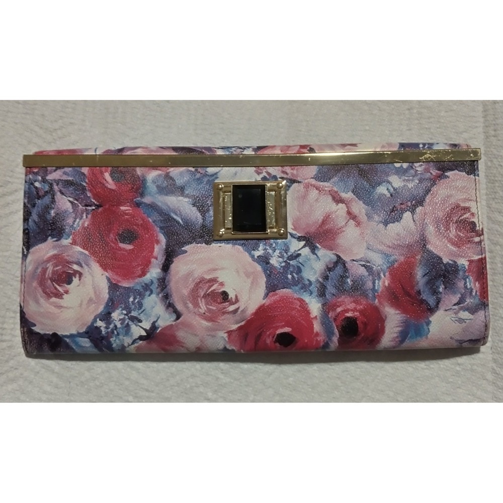 Floral Hard Case Clutch Wallet Gold Tone Frame Checkbook Organizer Evening Bag